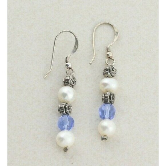 Sterling Silver Pearl and Flower Blue Earrings Dangle Drop Earrings - Picture 1 of 6